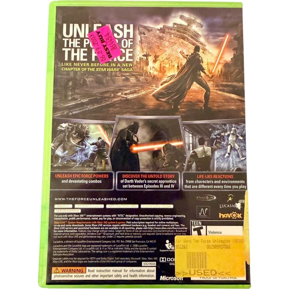 Star Wars The Force Unleashed‎ Xbox 360 Action Game LucasArts Used